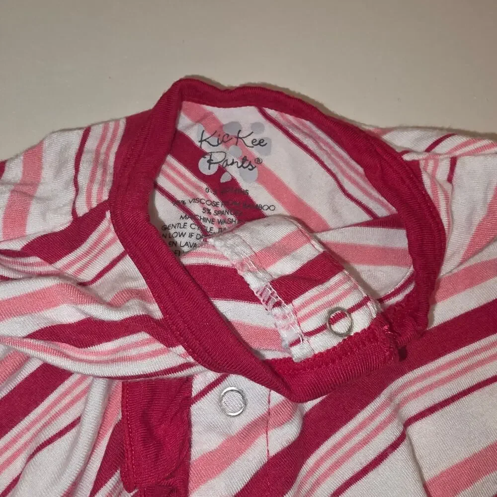 Kickee Pants pink‎ red striped, footed bamboo, pajamas with ruffles sz 0-3mo